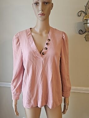 LOFT Dusty Pink Button-Accent V-Neck Long Sleeve Top